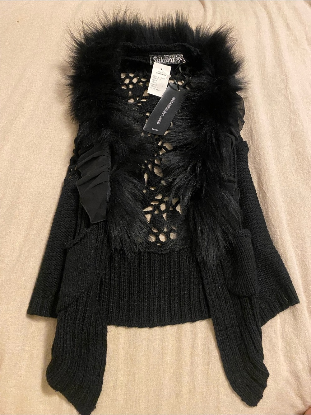 Sakura Black Faux Fur-Trim Open Knit Sweater vest